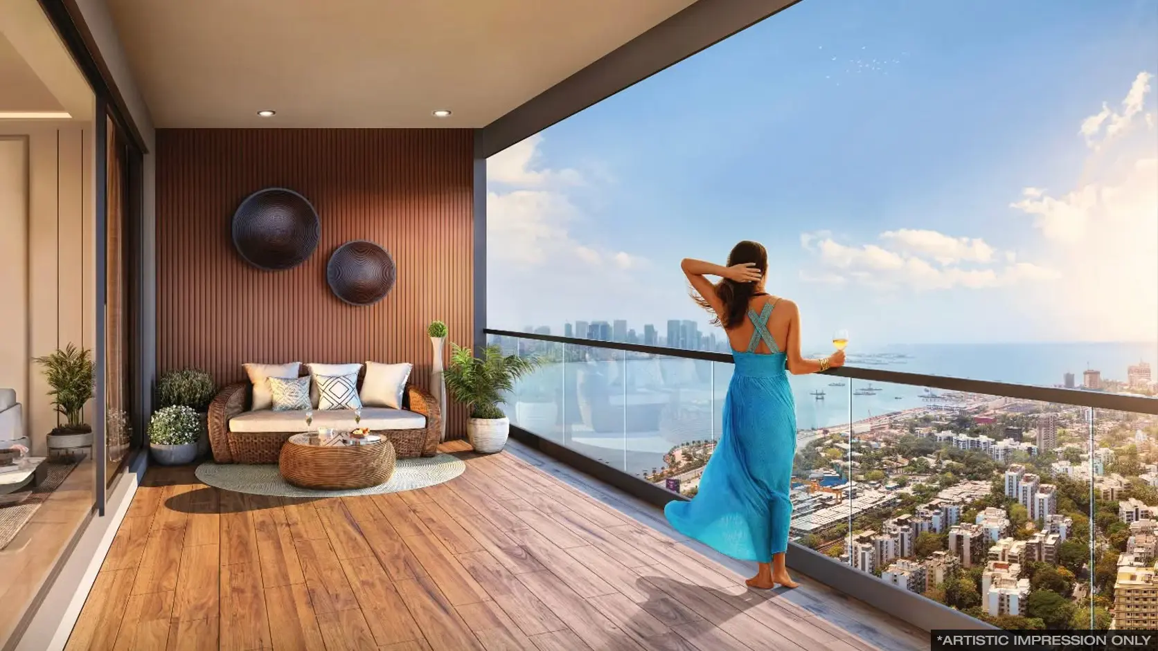 Godrej Bandra Bay — bedroom with full-height windows and fitted wardrobes